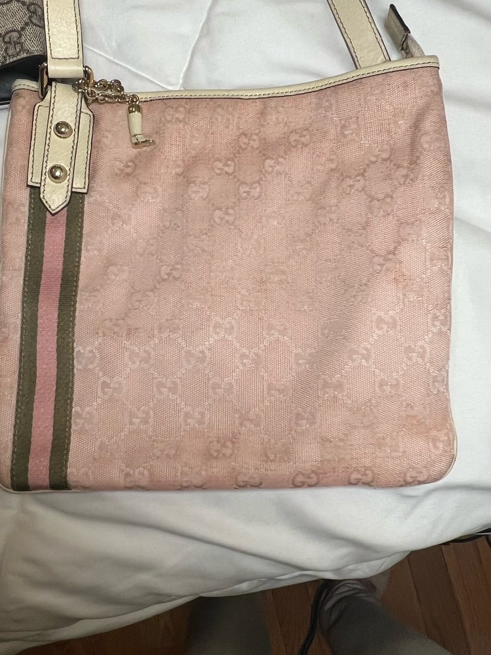 Gucci Pink & Cream GG Canvas crossbody  Bag with Green and Pink Web Stripe